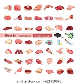 Colored poultry and meat elements set with cutting pork beef chicken parts and kitchen tools isolated vector illustration