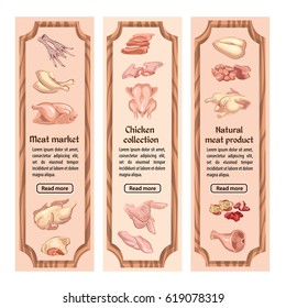 Colored poultry meat vertical banners with text and different cutting chicken parts vector illustration