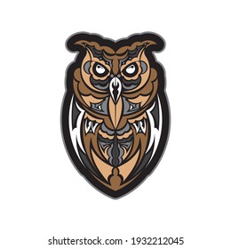 Colored print head of an owl. Hawaii and samoa patterns. Good for t-shirts, phone cases and more. Exclusive corporate design. Isolated. Vector illustration.