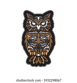 Colored print head of an owl. Hawaii and samoa patterns. Exclusive corporate design. Isolated. Vector 