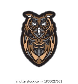 Colored print head of an owl. Hawaii and samoa patterns. Isolated. Vector 