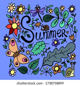 colored print summer set collection with flowers and butterfly 