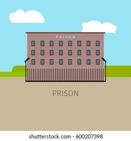 Colored prison building with sky and clouds, vector illustration