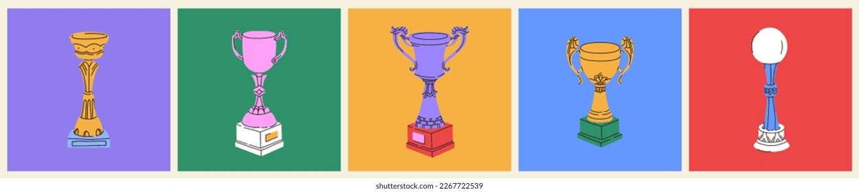 Colored prize cups on different background. First place contest. Award trophy in vibrant colors. E-game championship vector illustration. All items are isolated. 