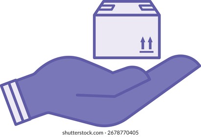 Farbiges Produktsymbol. Vektorgrafik. Produktverpackung in der menschlichen Hand. Das Ergebnis der Arbeit, die geschaffen wird, um die Bedürfnisse der Menschen zu befriedigen. Digitales Marketingkonzept