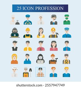 Colored profession icons, designs of common people's jobs, such as doctors, chefs, nurses, drivers, flight attendants and others.