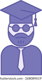 Farbiges Professor-Symbol. Vektorgrafik. Mann mit Bart, Brille, Krawatte und Graduiertenhut. Wissenschaftlicher Mitarbeiter oder Dozent. Lehrer- und Bildungskonzept