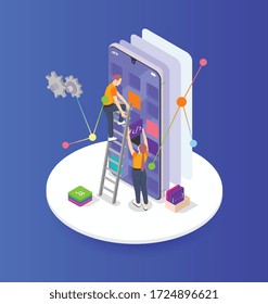 Colored programming coding development isometric with abstract programmers build algorithm vector illustration