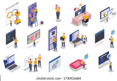 Farbige Programmierung Coding Entwicklung isometrische Ikone mit Coding Werbung Meetings und andere Themen Vektor-Illustration 