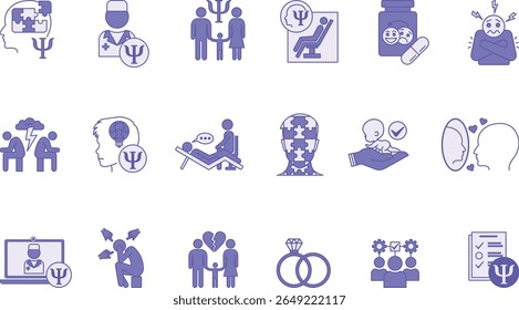 Colored Psychology Icon Set. Vector Illustrations Family Psychology, Psychologist, Divorce, Child Psychology, Marriage, Antidepressants, Adoption, Complexes, Fears, Conflicts, Ego, and Others