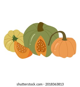 Colored pumpkin compositions, autumn vegetable whole and slice.