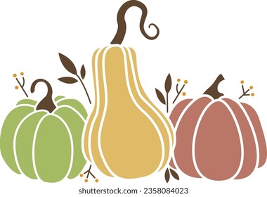 Colored Pumpkin patch decoration. Three pumpkins with leaf and berry accents.