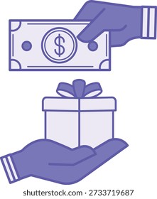 Colored Purchase Icon. Vector Illustration. A Person Purchasing a Product with Money. Human Hand, Dollar Bill, Gift Box. Payment Concept