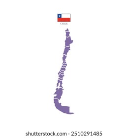 Colored (purple) silhouette map of Chile with the outline of regions. Vector illustration with a flag.