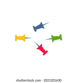 Colored push pins isolated on white background. Vector flat illustration. Subject of office supplies, education, office 