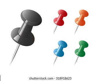 Colored pushpins on a white background. Vector illustration.
