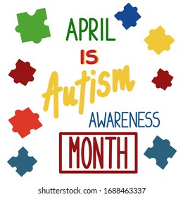 Rompecabezas de colores. 2 de abril, Día Mundial de Concienciación sobre el Autismo. Afiche con coloridas palabras. Simple ilustración vectorial.