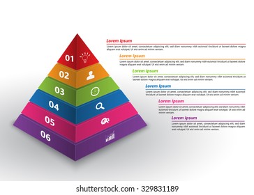 Colored Pyramid 3D With Number And Business Icon, Text Information, 6 Options, Financial And Business Infographic, Vector Illustration