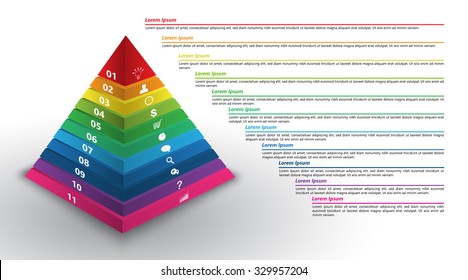 Colored Pyramid 3D with Number and Business Icon, Text Information, 11 Options, Financial and Business Infographic, Vector Illustration