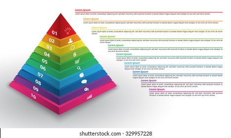 Colored Pyramid 3D with Number and Business Icon, Text Information, 10 Options, Financial and Business Infographic, Vector Illustration