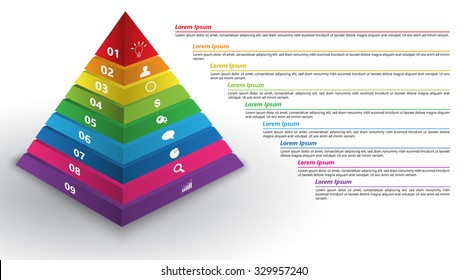 Colored Pyramid 3D with Number and Business Icon, Text Information, 9 Options, Financial and Business Infographic, Vector Illustration