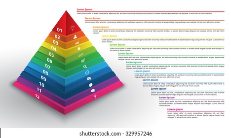 Colored Pyramid 3D with Number and Business Icon, Text Information, 12 Options, Financial and Business Infographic, Vector Illustration