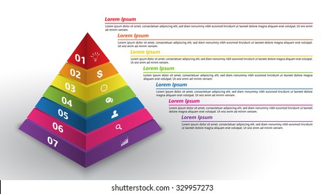 Colored Pyramid 3D with Number and Business Icon, Text Information, 7 Options, Financial and Business Infographic, Vector Illustration