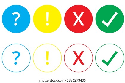 Colored question, exclamation, check and cancel signs on a white background