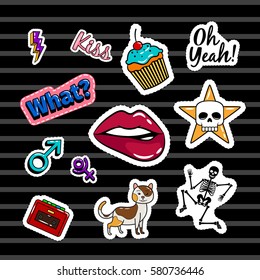 Colored quirky stickers collection with skeleton, cat, skull and lips on dark background. Vector patches or badges set