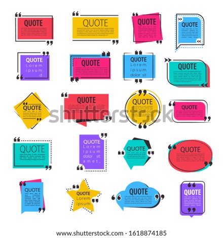 Colored quote frames. Text information paper speech bubbles with quotes.