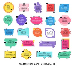 Colored quote frames for text phrase message and quote. Vector quote saying, bubble blank thinking and mention illustration
