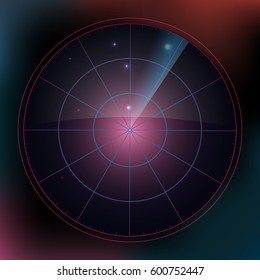 Colored radar screen with targets in process ,dynamic illustration . Conceptual design of radar screen. Vector illustration .