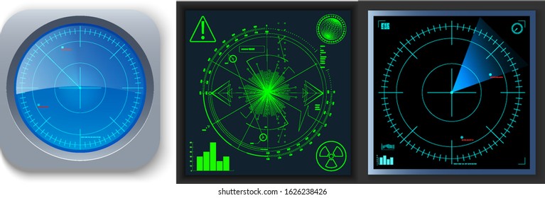 Colored Radar Screens. EPS10. Set Of Vector Illustrations For Your Design.