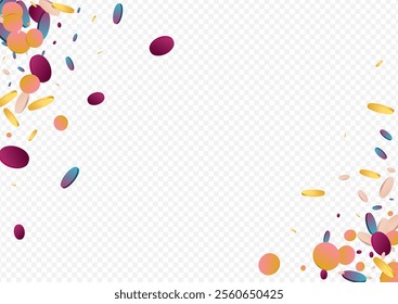 Colored Rain Happy Purple Background. Multicolored Transparent Dot Design. Christmas Pattern. Colorful Fun Backdrop.