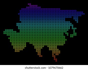 Colored Rainbow Asia Map. Vector geographic map in bright spectral colors with vertical gradient on a black background. Multicolored vector concept of Asia Map made of round dots.