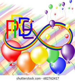 Colored rainbow balloons and  text Pride.  Rainbow background LGBT  multicolored flag. 