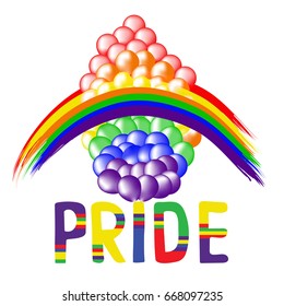Colored rainbow balls and handwritten text Pride.  Rainbow background LGBT  multicolored flag.  Original symbol for gay parade. Vector design