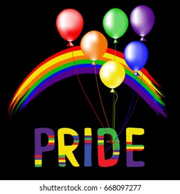 Colored rainbow balls and handwritten text Pride.  Rainbow background LGBT  multicolored flag.  Original symbol for gay parade. Vector design