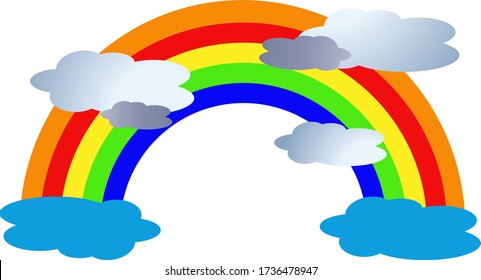 Colored rainbow with blue clouds on a white background.