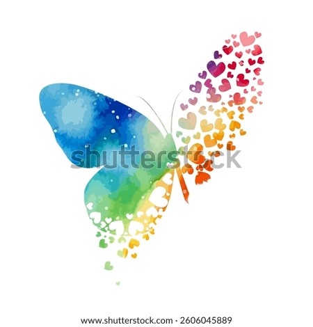colored rainbow butterfly with hearts hand drawing. Not AI. Vector illustration.
