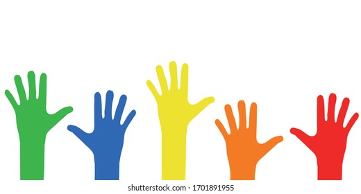 Colored rainbow children's hands up on a white background. Vector illustration isolated. World children's day. Summer holidays. Back to school.