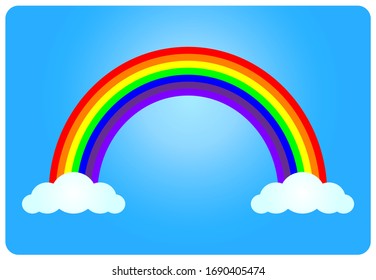 Colored Rainbow With Clouds. Blue Background Vector Illustration.