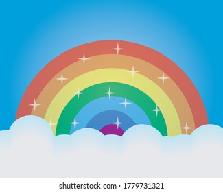 Colored rainbow with clouds. Blue background, simple vector illustration.