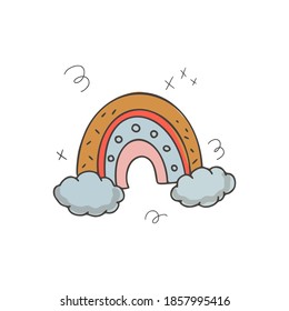 Arcoiris de colores con nubes de estilo boho. Doodle de colores. Ilustración dibujada a mano por vectores. Aislado sobre fondo blanco. Para imprimir y web.