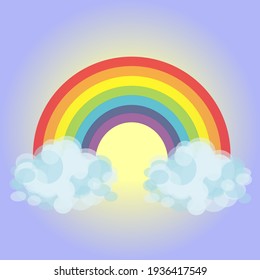 Colored rainbow with clouds on blue and yellow Gradient Mesh sky background. Vector illustration in flat design.