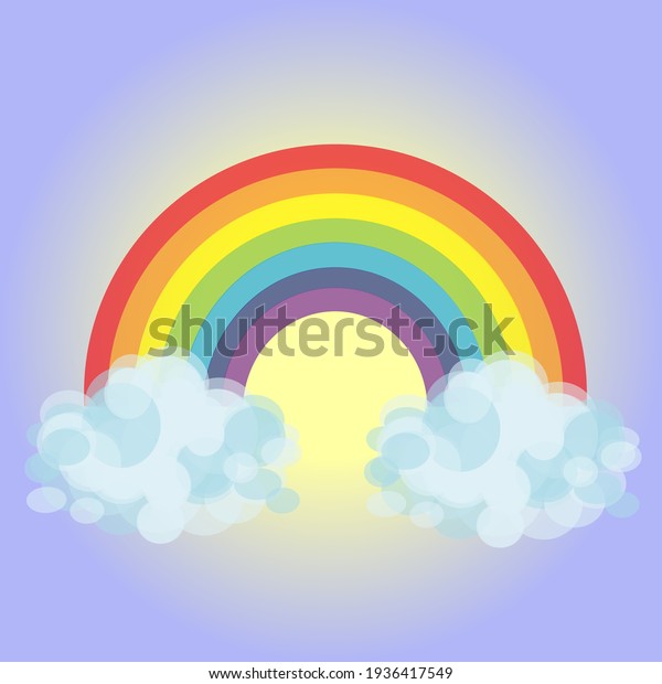 Colored\
rainbow with clouds on blue and yellow Gradient Mesh sky\
background. Vector illustration in flat\
design.