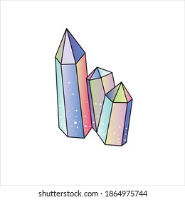 Cristales de arcoíris o gemas lindos, minerales, cuarzo, diamantes - minerales curativos. Ilustración de doodle de la línea de vectores de cristal mágico dibujado a mano. Para la meditación y el alma curativa en el trabajador de la luz