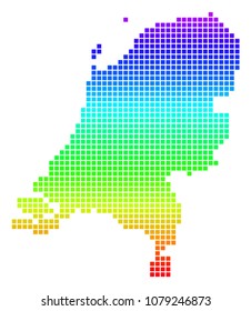 Colored Rainbow Dot Netherlands Map. Vector geographic map in bright spectrum colors with vertical gradient. Colorful vector composition of Netherlands Map constructed of rounded rectangle cells.