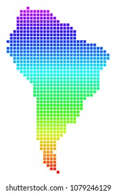 Colored Rainbow Dot South America Map. Vector geographic map in bright rainbow colors with vertical gradient. Colorful vector mosaic of South America Map made of rounded square pixels.