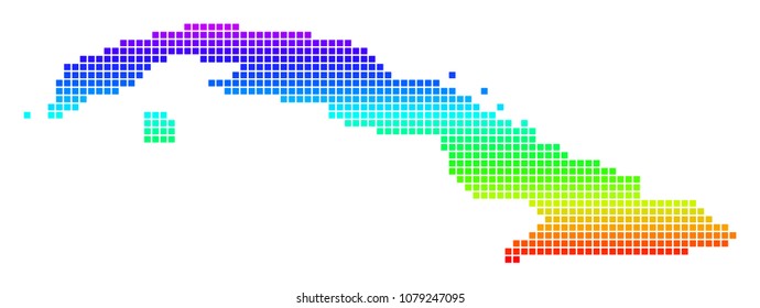 Colored Rainbow Dotted Cuba Map. Vector geographic map in bright spectral colors with vertical gradient. Colorful vector mosaic of Cuba Map constructed of rounded square particles.